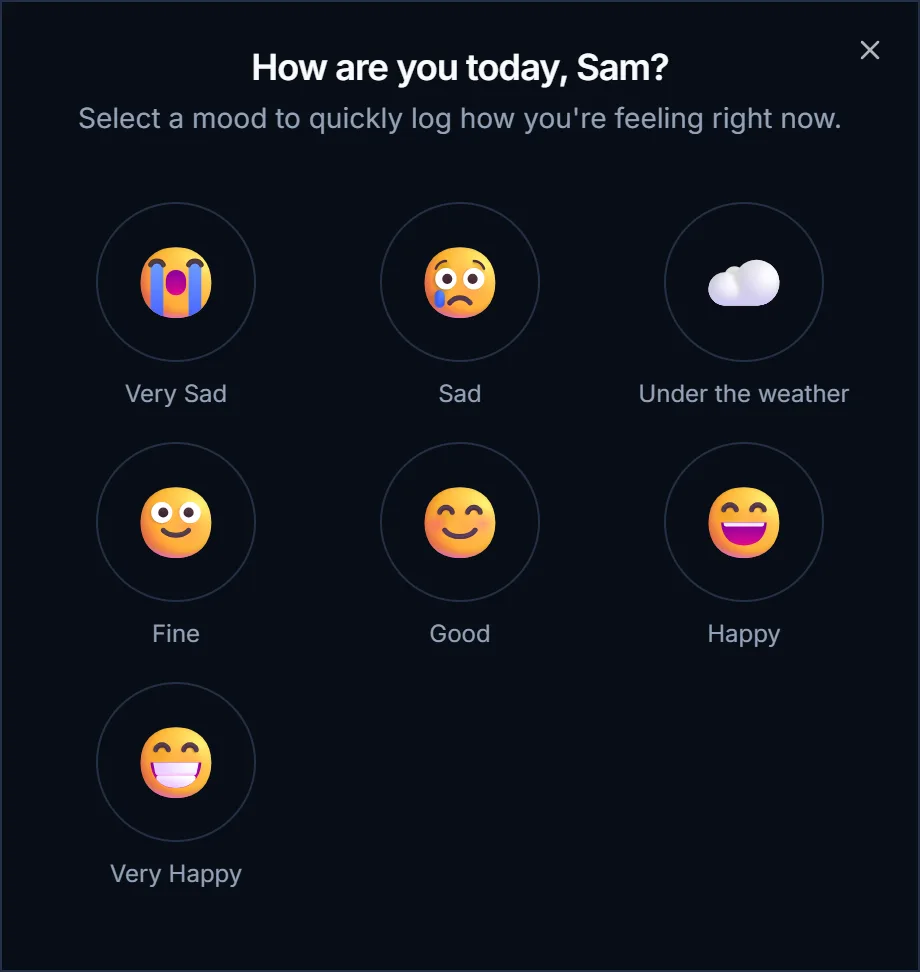 Daily check-in asking 'How are you today, Sam?' with seven mood options