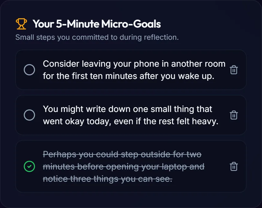 Dashboard checklist of three 5-minute micro-goals, one of them ticked off