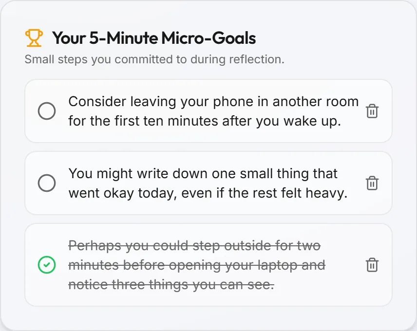 Dashboard checklist of three 5-minute micro-goals, one of them ticked off