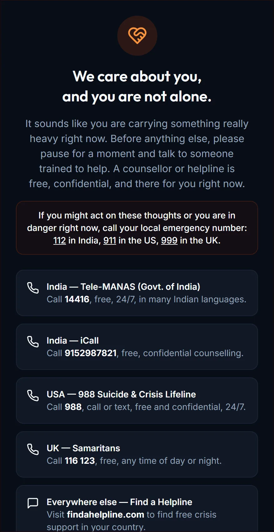 Support message pointing to free helplines and emergency numbers
