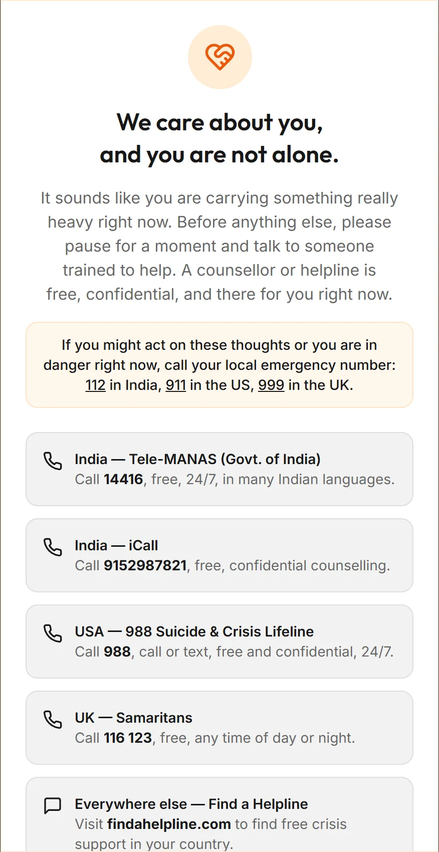 Support message pointing to free helplines and emergency numbers